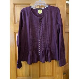 Maeve Anthropologie Gelise Button Blouse Women Large Purple Pleated Peplum
